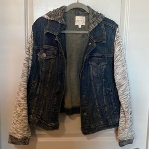 Torrid size “2” jeans jacket with sweater hood and sweater material on arms